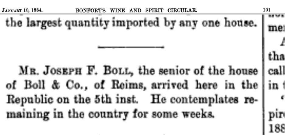 Bonfort's Wine and Spirit Circular vom 10. Januar 1884 mit der Meldung über die Ankunft von Mr. Joseph F. Boll in New York