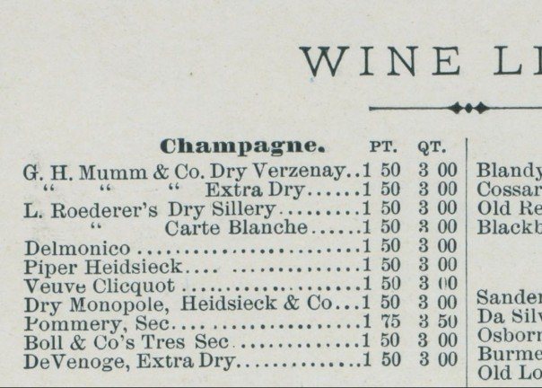 Weinkarte des Grand Union Hotel mit Boll & Co's Très Sec unter den Champagnern