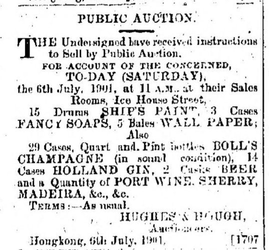 Öffentliche Versteigerung in Hongkong vom 6. Juli 1901 mit Kisten von Boll's Champagne