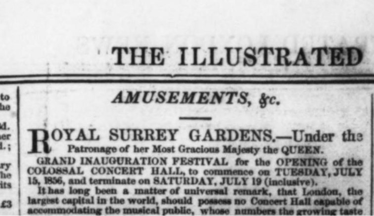 Illustrated London News vom 5. Juli 1856 mit der Ankündigung der Royal Surrey Gardens unter der Schirmherrschaft der Königin