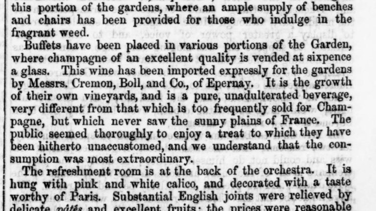 The Musical World vom 19. Juli 1856 über den Champagner von Messrs. Cremon, Boll and Co. aus Épernay, verkauft zu Sixpence das Glas