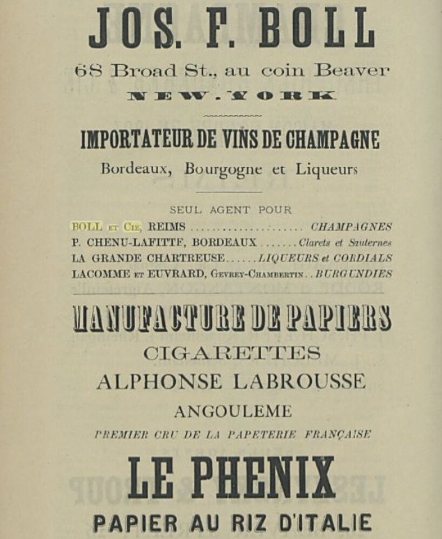 19th-century advertisement for Jos. F. Boll, 68 Broad Street, New York, importer of champagne and sole agent for Boll et Cie, Reims