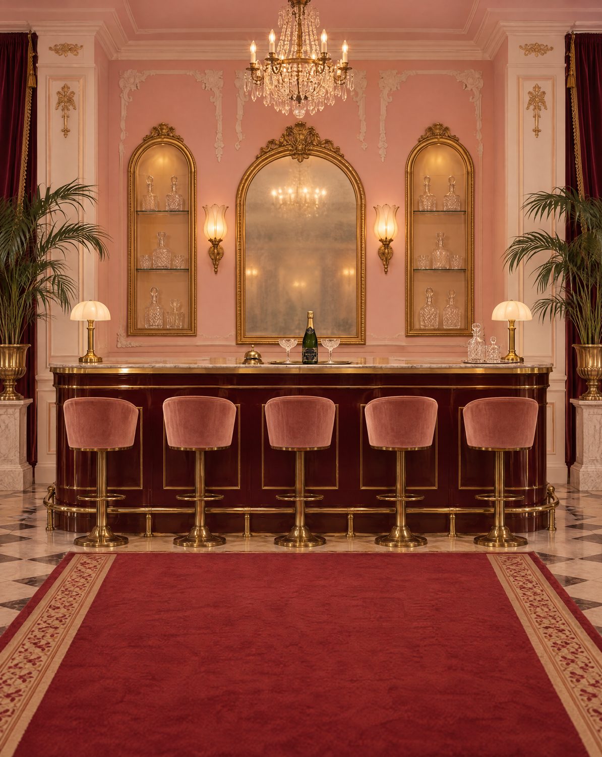 A pink salon bar with gilded mirrors, velvet stools and a bottle of Boll & Cie on the marble counter