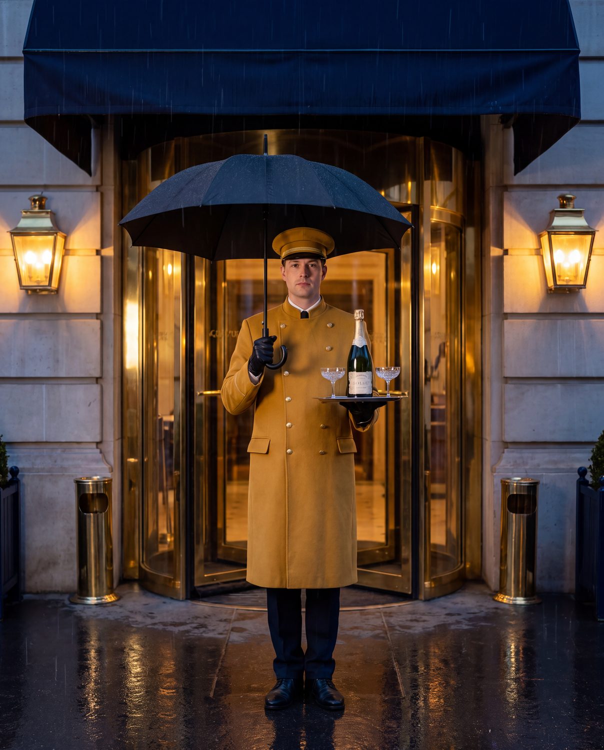 A bellboy in a camel coat holds an umbrella and a tray with a bottle and two coupes outside a grand hotel at dusk