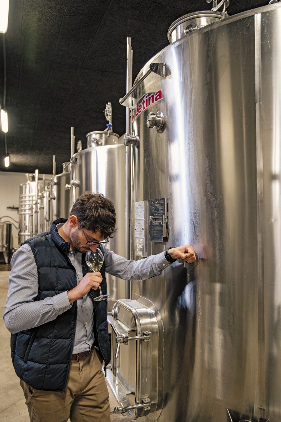 The cellar master tasting a glass of wine beside a steel tank