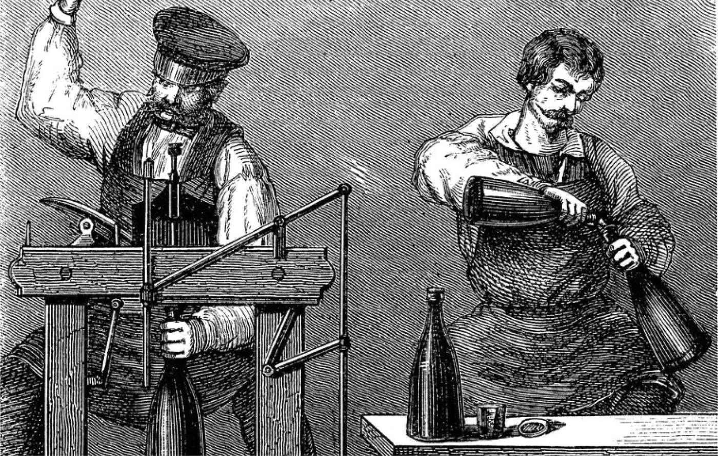 Stich aus dem 19. Jahrhundert: zwei Kellerarbeiter beim Verkorken und Fertigstellen von Champagnerflaschen