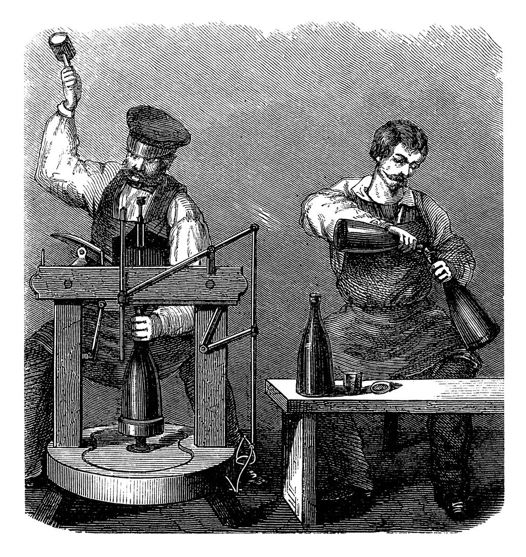 19th-century engraving of two cellar workers corking and finishing champagne bottles