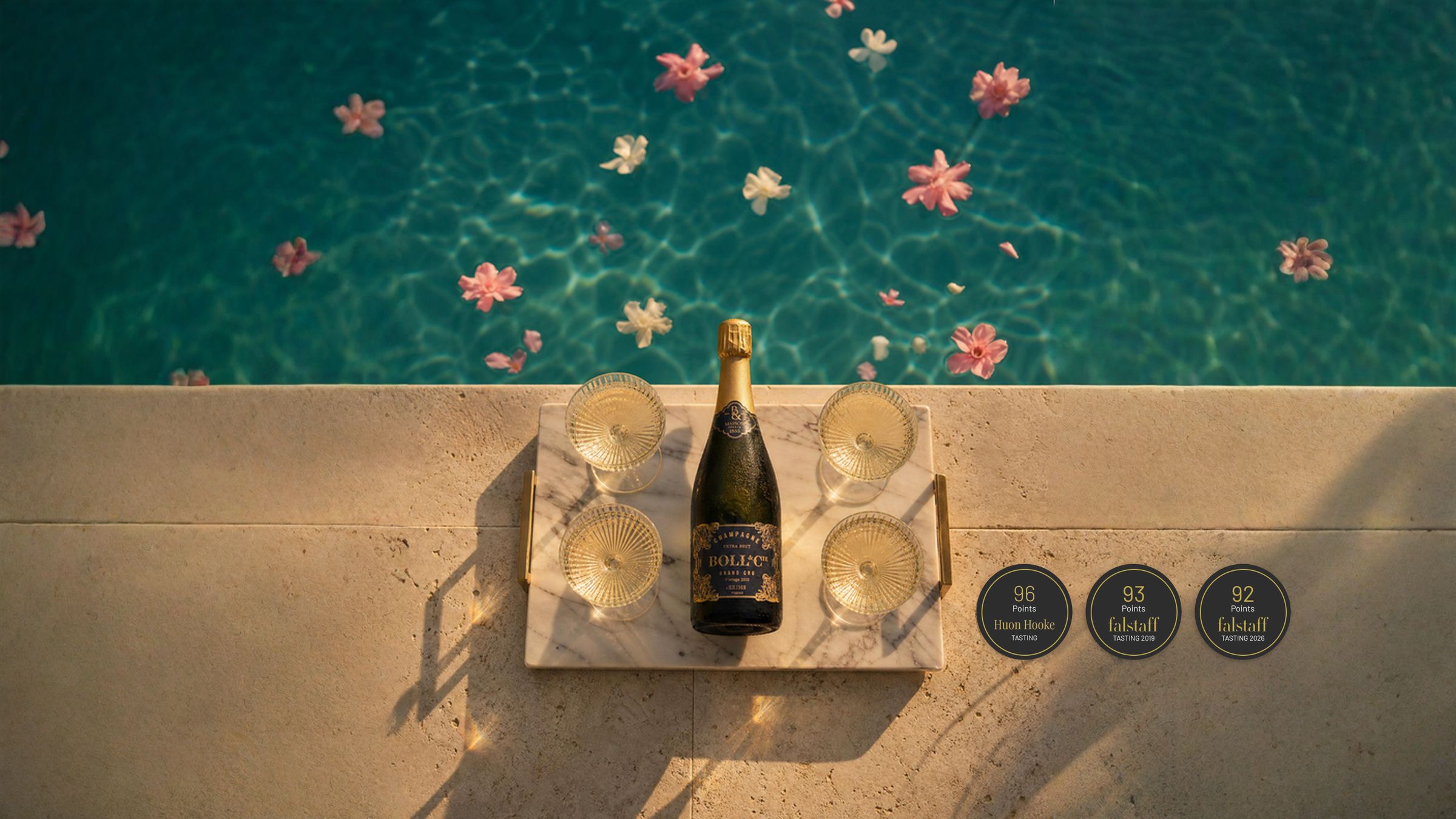 Blanc de Blancs Grand Cru on a marble tray with four coupes at the edge of a pool scattered with pink and white blossoms, with scores of 96 points from Huon Hooke and 93 and 92 points from Falstaff