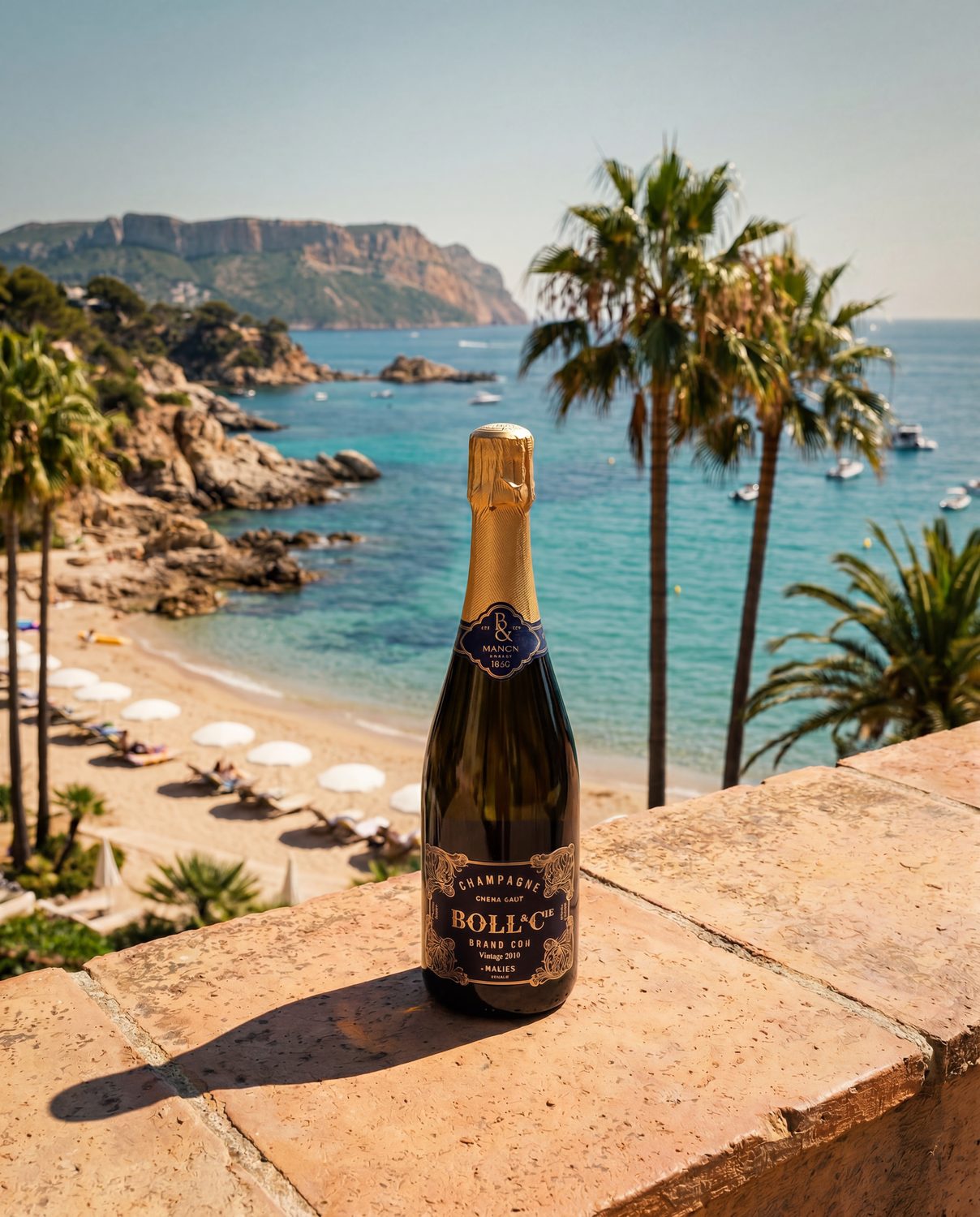A bottle of Boll & Cie on a sunlit stone wall above a Mediterranean cove
